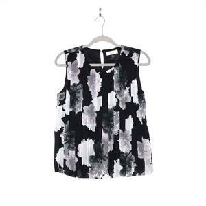 CALVIN KLEIN Floral Print Pleated Blouse Sleeveless Back Keyhole Black Size M